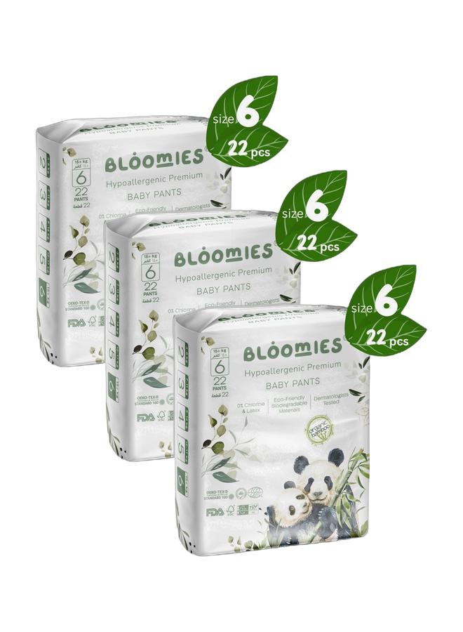 بلوميز حفاضات الأطفال العضوية المصنوعة من الخيزران العضوي مقاس 6 (15 كجم فأكثر) 66 قطعة (22 × 3) حزمة | صديقة للبيئة، غير مسببة للحساسية، غير سامة، قابلة للتنفس - Image 1